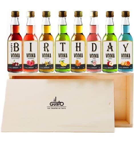 IL GUSTO Birthday Vodka Tasting Gift Set: Miniature Vodka Set for Vodka Lovers – Pack of 8 Glass Bottles.