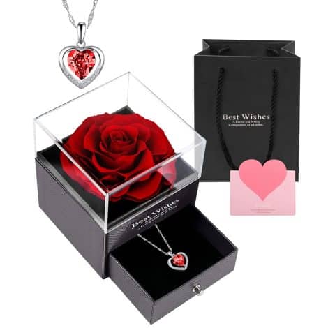 Eternally Preserved Red Rose Gift Box with Love Necklace for the special women in your life, designed for Valentine’s and special occasions.