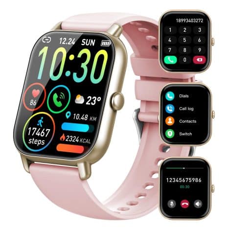 Pink Ddidbi Smart Watch for Women, lets you answer calls, monitors heart rate, sleep, and tracks various sports activities. Waterproof and compatible with Android and iOS.