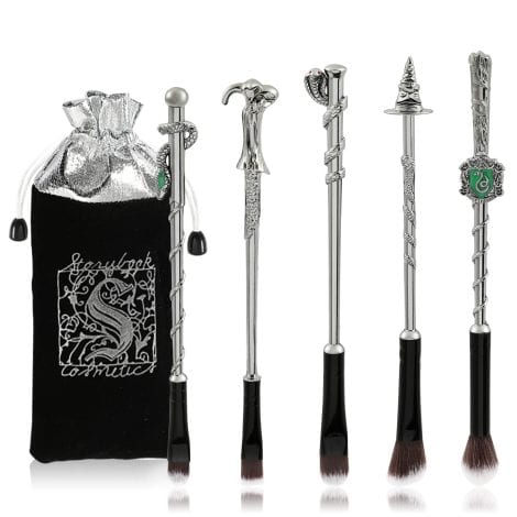 5 piece set of makeup brushes with silver handles shaped like wizard wands, perfect for various applications, Harry Potter and anime inspired gift for girls and women.