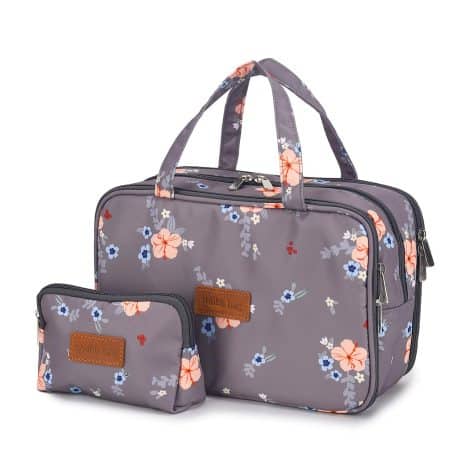 Waterproof gray floral travel makeup bag set with small cosmetic pouches, ideal for women and girls.