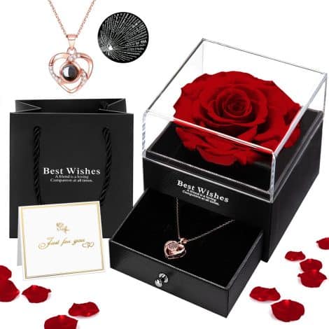 “Oauir Gusix Boxed Preserved Rose with I Love You Necklace – A handmade eternal flower gift for her on special occasions.”