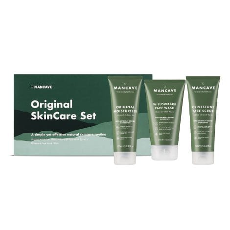 ManCave Origin Skincare Set: British-made, vegan, eco-friendly tubes, featuring Face Wash, Scrub, and Moisturizer for men.