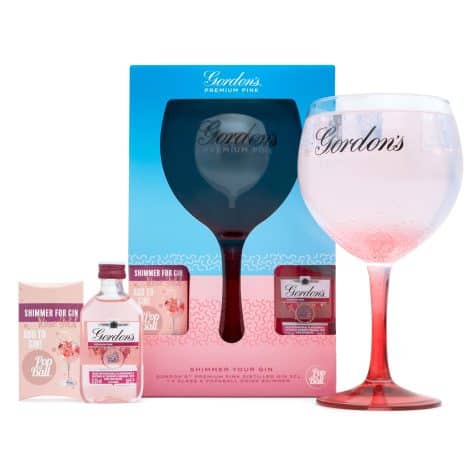 Limited edition Gordon’s Pink Gin Gift Set, complete with official Gordon’s Pink Copa Gin Glass and Popaball Rose Gold Shimmer.