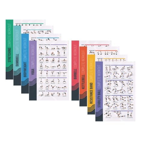 Bundle of fitness workout posters with exercises using dumbbells, barbells, bodyweight, kettlebells, and more, ideal for home gym decor.