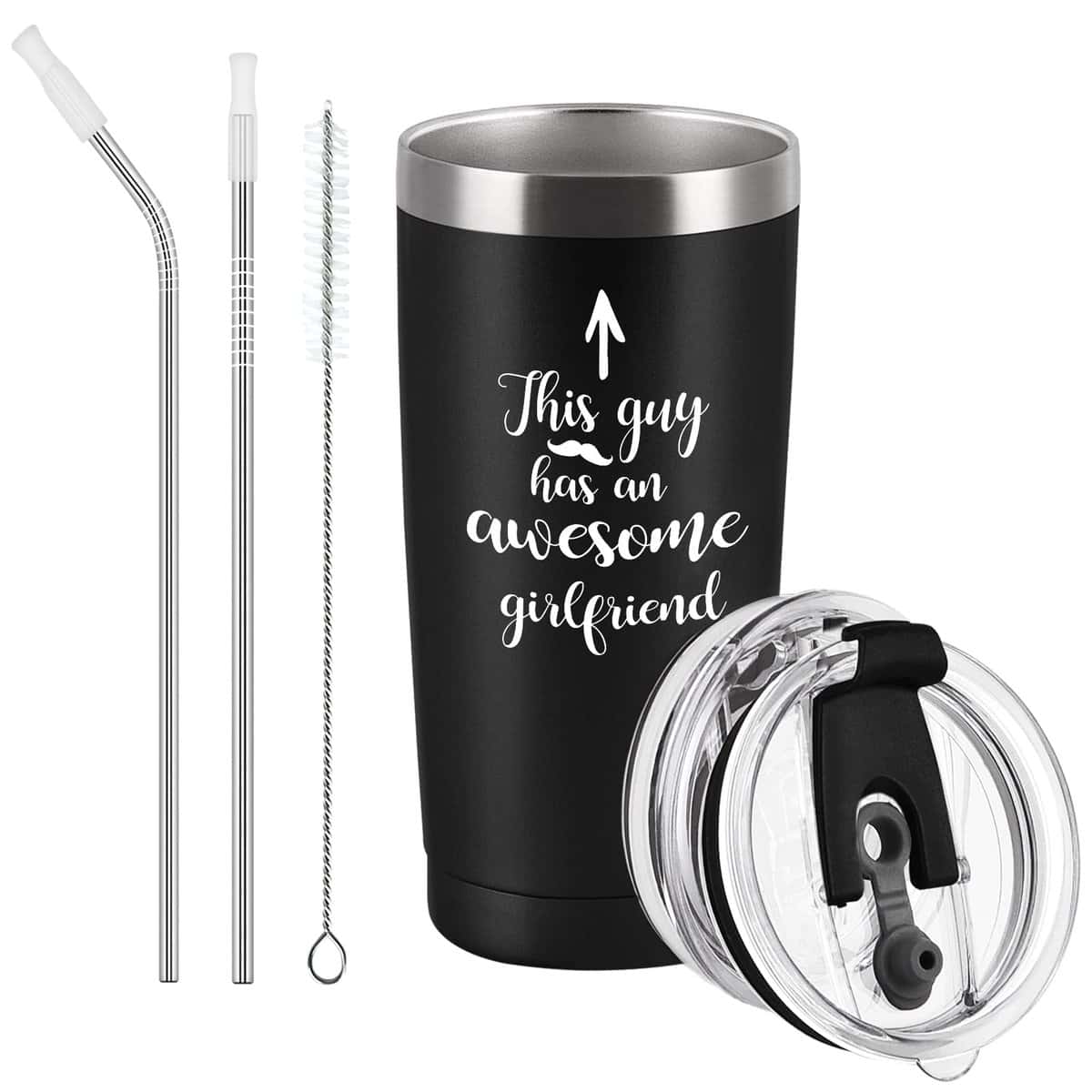 Livole Christmas Gifts for Boyfriend, Him, Men, This Guy Has an Awesome Girlfriend, Funny Birthday Valentines Day Gifts for Him, Boyfriend, 20oz 600ml Double Walled Wine Tumbler with Straw and Lid