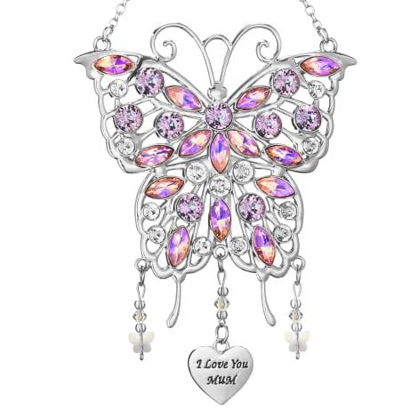 Johiux Mum’s Birthday Suncatcher Wind Chime with I Love You Charm, Glittering Butterfly Window Decoration, Perfect Christmas Gift from Son or Daughter.