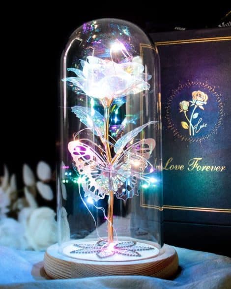 Christmas Rose Gifts for Women: Galaxy Rose Forever Crystal Flower Gift in Glass Dome. Perfect for Mum, Grandma, Wife, Sister, and Friends.