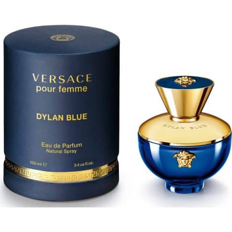 Gianni Versace’s Dylan Blue Pour Femme Eau de Parfum, a 100ml bottle, ideal for British consumers.