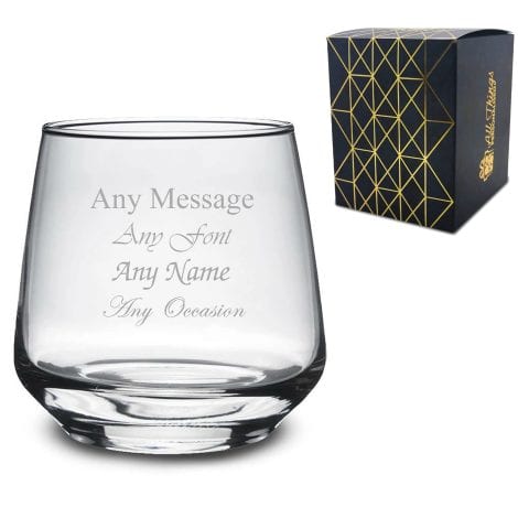 Custom engraved 345ml Tallo whisky glass; add a personal message with different font styles. Includes gift box. Perfect for birthdays, weddings, or as an usher gift.