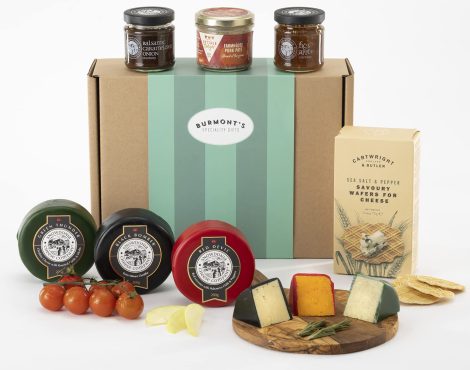 Exclusive Burmont’s British Cheese and Deli Hamper with Snowdonia Cheese, chutneys, pate, and cheese wafers.