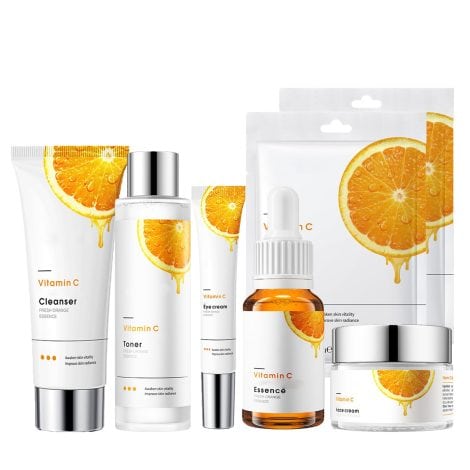 Luxurious skincare gift set for women – 7-piece Vitamin C serum pamper kit to moisturize and refresh skin. Includes cleanser, serum, eye serum, toner, cream, and mask. Perfect for gifting ladies.