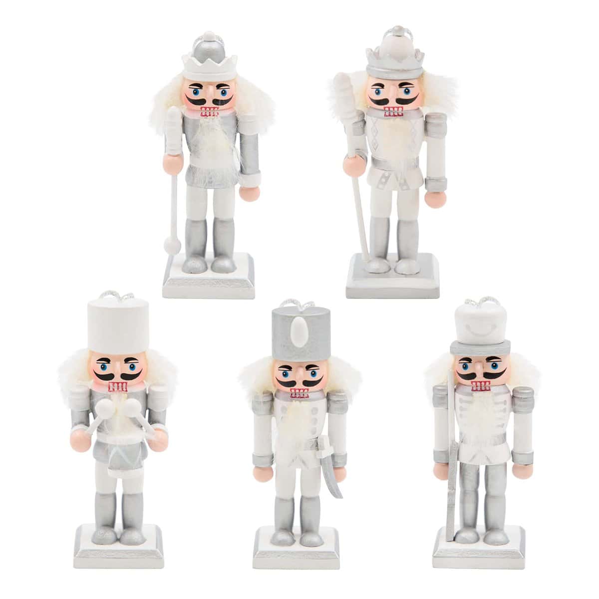 The Christmas Workshop 5PK Wooden Nutcrackers/Hanging Christmas Tree Decorations/Festive Ornaments (Silver and White)