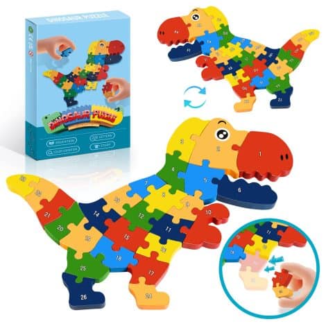 Wooden Dinosaur Puzzles – Fun and educational Montessori toys for 1-4 year olds! Perfect gift!