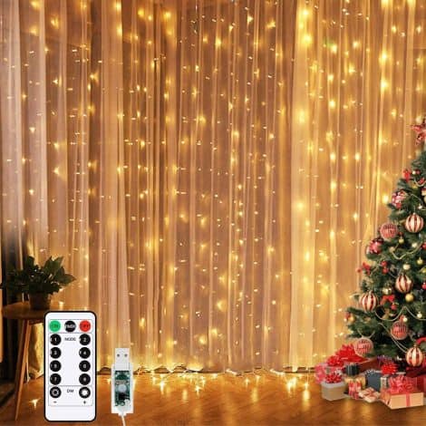 Warm White USB Curtain Lights, 3m x 3m, 300 LEDs, Remote Control & Timer for British homes and festivities.