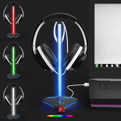 Gamer RGB headset hanger with USB ports and color-changing light pole for your gaming setup.