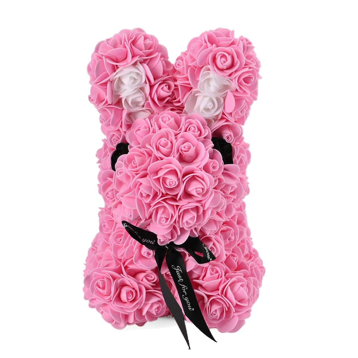 TJC Rose Teddy Bear Handmade Rose Flower Bunny with Bow Tie Birthday Valentines Day Gift for Girlfriend Love Friends Wife Fiancée with PE Material Medium Pink and White