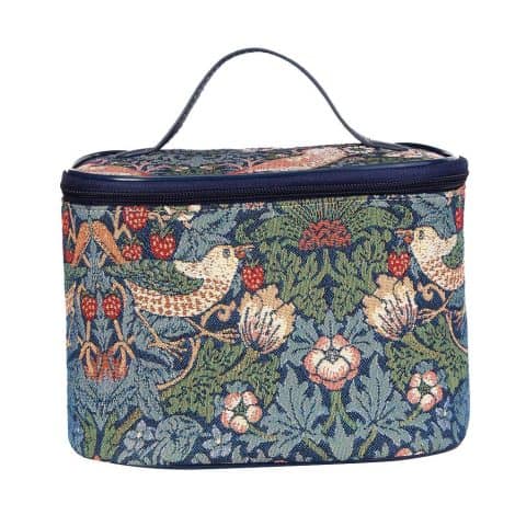 Signare Tapestry Toiletry Bag: William Morris Strawberry Thief Blue Makeup Organizer for British ladies.