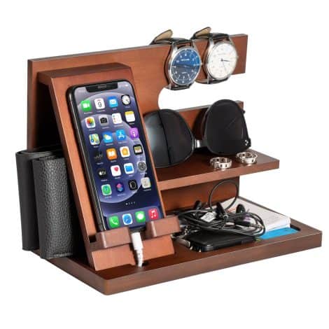 Men’s wooden phone docking station, key holder, wallet stand. Ideal gifts for anniversary, birthday, Christmas for him.