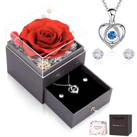 Preserved Rose Gift Set for Mum, Partner, or Spouse – Blooming Necklace, Earrings included; Romantic, Timeless Present.