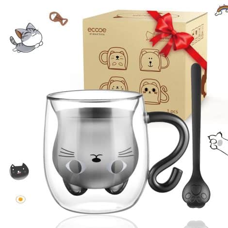 Cute Cat Mug: a glass mug that keeps your coffee hot, perfect for cat lovers.