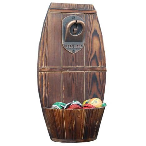 Wooden wall mounted beer bottle opener with catcher, perfect for beer enthusiasts, ideal for home bar or man cave.