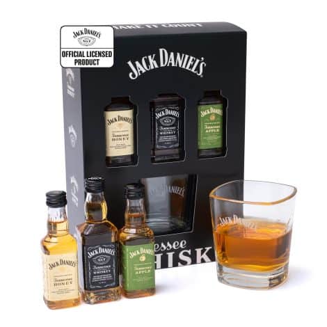 Christmas gift set featuring 3 miniature bottles of Jack Daniels Whiskey (Honey, Apple, and JD), plus a Tennessee whiskey glass. Ideal gift for men, including boyfriends.