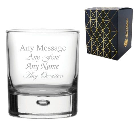 Laser engraved whiskey tumbler with customizable message, fonts, and gift box. Perfect for birthdays, weddings, or usher gifts.