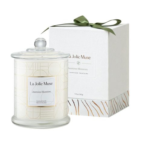 Large glass jar of La Jolíe Muse Scented Candles, with a sweet jasmine fragrance that burns for 65 hours.