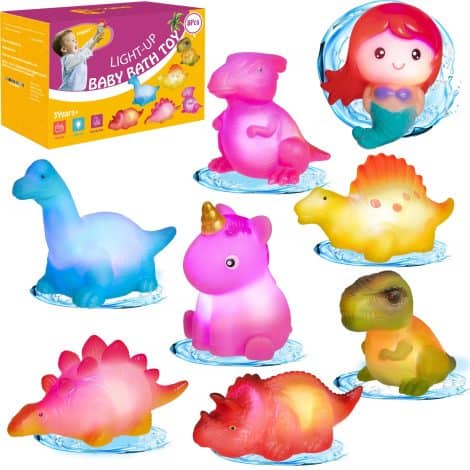 HOYIBO Dino Bath Toys – Set of 8 fun and colorful water toys that light up for toddlers. Ideal as gifts.