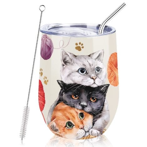 12oz NymphFable Cat Cup: Insulated wine tumbler with straw and lid, ideal coffee mug gift for women.