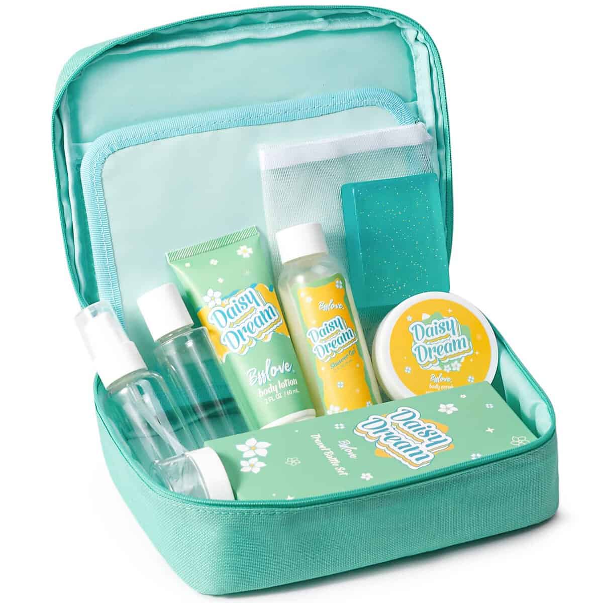 Bath Set for Women Gifts, 9 Piece Spa Gift Baskets Daisy Scent Toiletry Set with Body Scrub, Body Lotion, Shower Gel, Travel Bottles, Bubble Net, Rock Soap, Wash Bag. Graceful Gifts for Her