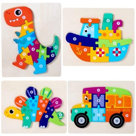 Wooden Dinosaur Animals Jigsaw Puzzles, 4 Pack, Educational Games for Boys and Girls, 3+ Years.