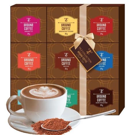 Assorted Coffee Selection – Premium Ground Coffee with 9 Flavours including Amaretto, French Vanilla, and Colombian. Perfect for coffee enthusiasts, both men and women. Ideal gift for her.