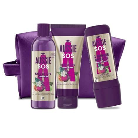 Australian hair care gift set for damaged hair, includes shampoo, conditioner, and hair mask with makeup bag.