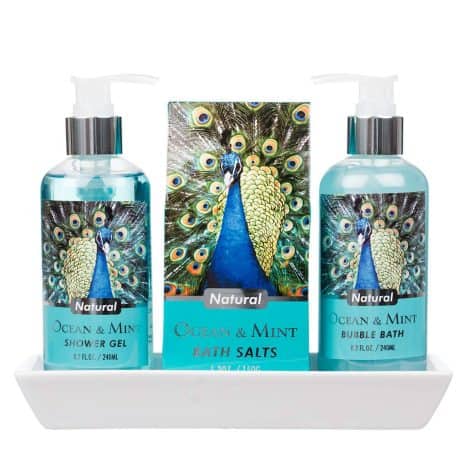 Lovely Ocean Mint Body & Bath Peacock Gift Set: A perfect pampering gift for women with shower gel, bath salts, and bubble bath.