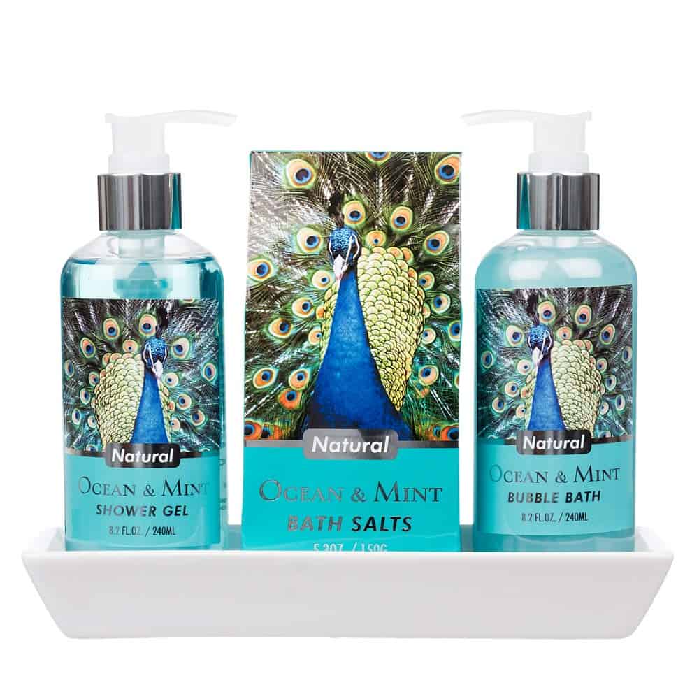 3 Piece Lovely Ocean Mint Body & Bath Peacock Gift Set with Ceramic Tray - Includes Shower Gel, Bath Salts, and Bubble BathB, Gifts for Women, Birthday Gifts for Her, Pamper Gifts for Women