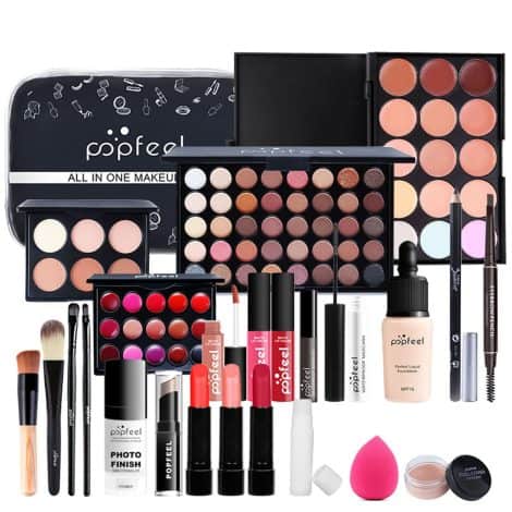 Essential Starter Makeup Set with 24 pieces including eyeshadows, blush, lipstick, concealer, etc. Perfect beauty bundle.