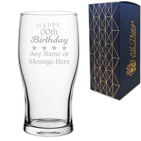 Customisable Birthday Pint Glass with Star Design, Personalise with Age, Name and Message, Gift Boxed, Lasered