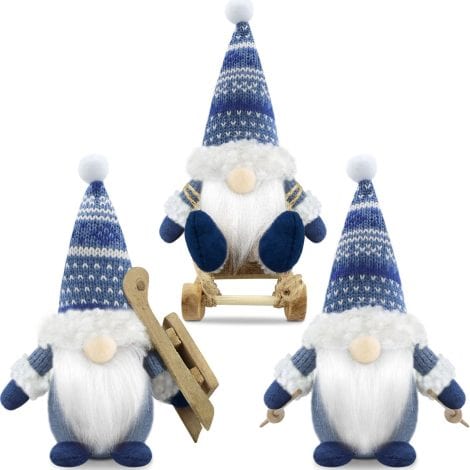 Blue Scandinavian Tomte Christmas Gonks Set of 3 Decorations for Home, Kitchen, or Farmhouse Tiered Tray.