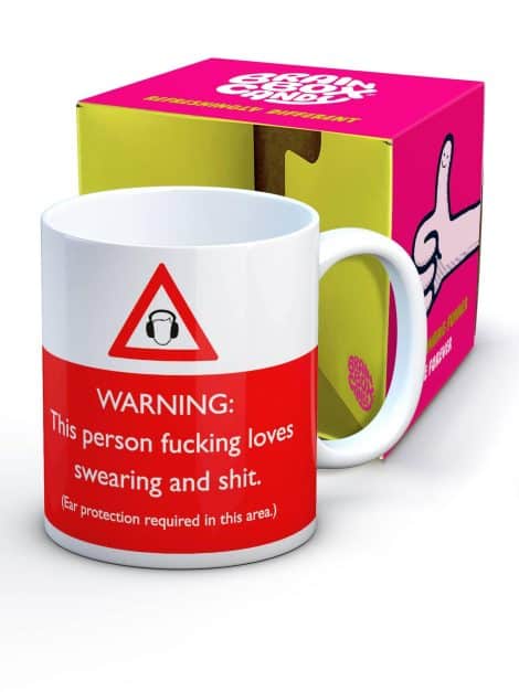 Hilarious Brainbox Candy coffee mug with a swearing design, perfect as a novelty gift for anyone.