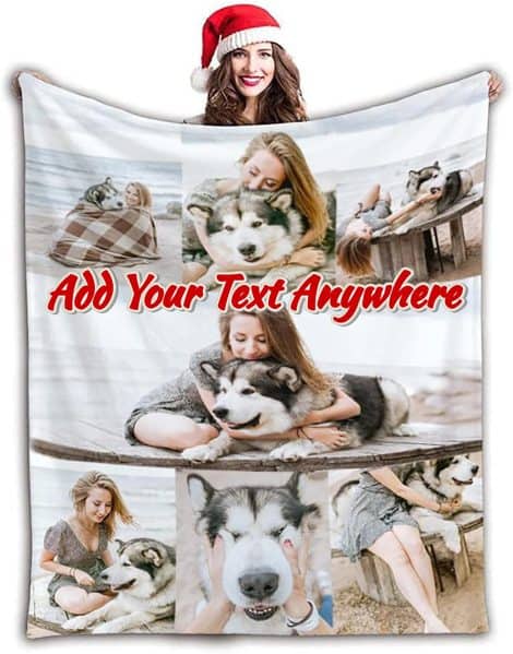 Customisable flannel blanket with the option to add photos and text, perfect for gifting on special occasions.