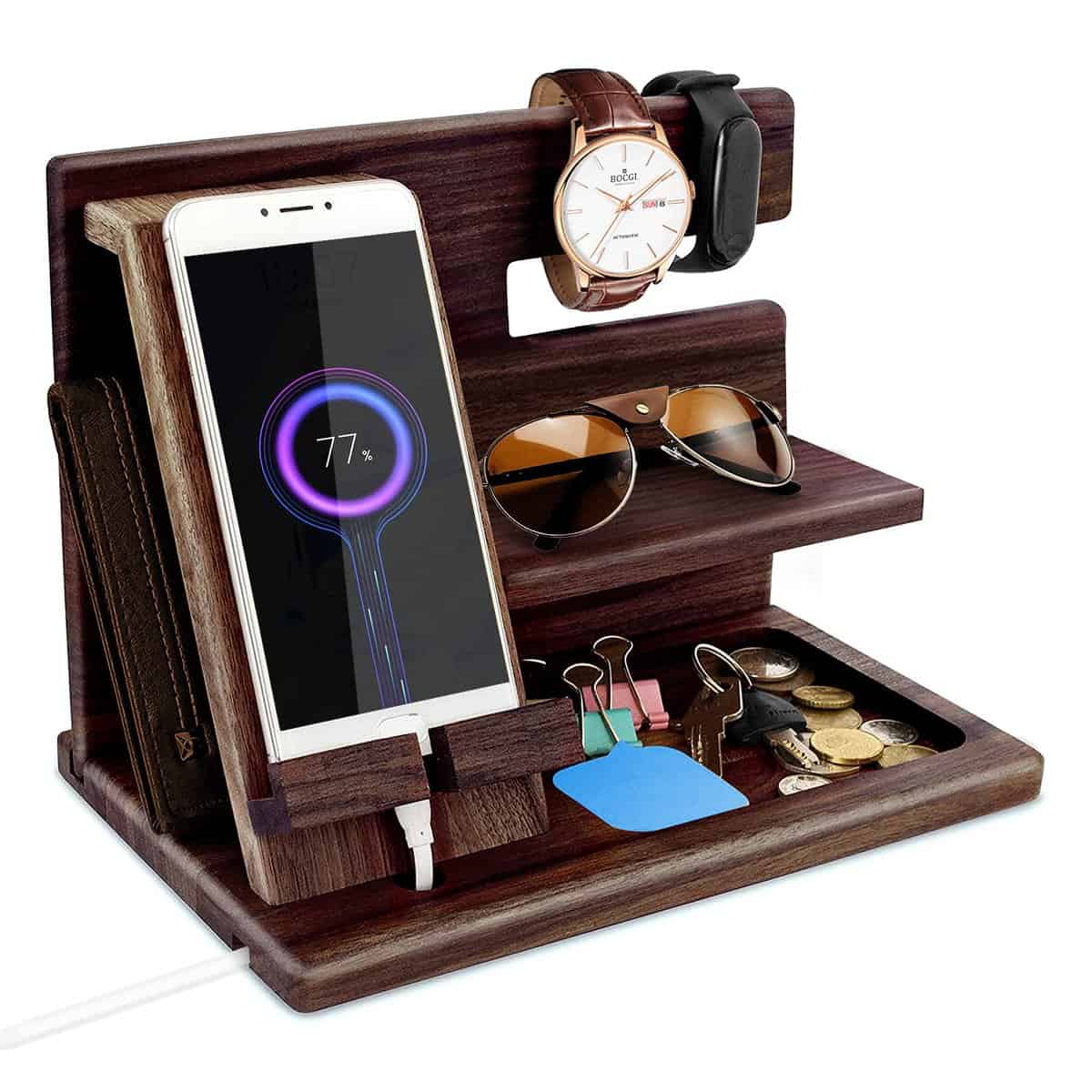 Gifts for Men Christmas Wood Phone Docking Station Dad Gifts for Bedside Organiser for Him Xmas Gift Anniversary Birthday Gifts for Him Gifts for Dad Nightstand Key Watch Wallet Stand Wooden Organizer