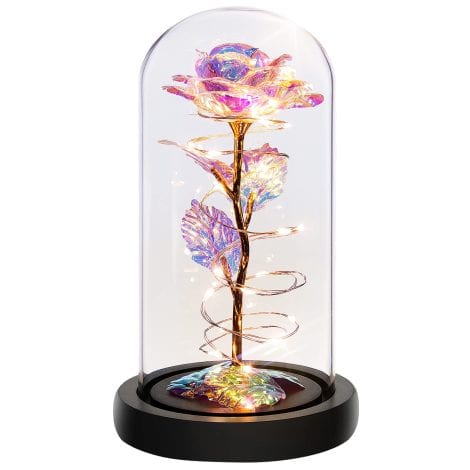 Colorful Rainbow Rose Light in Glass Dome – A fantastic gift for women on any occasion.