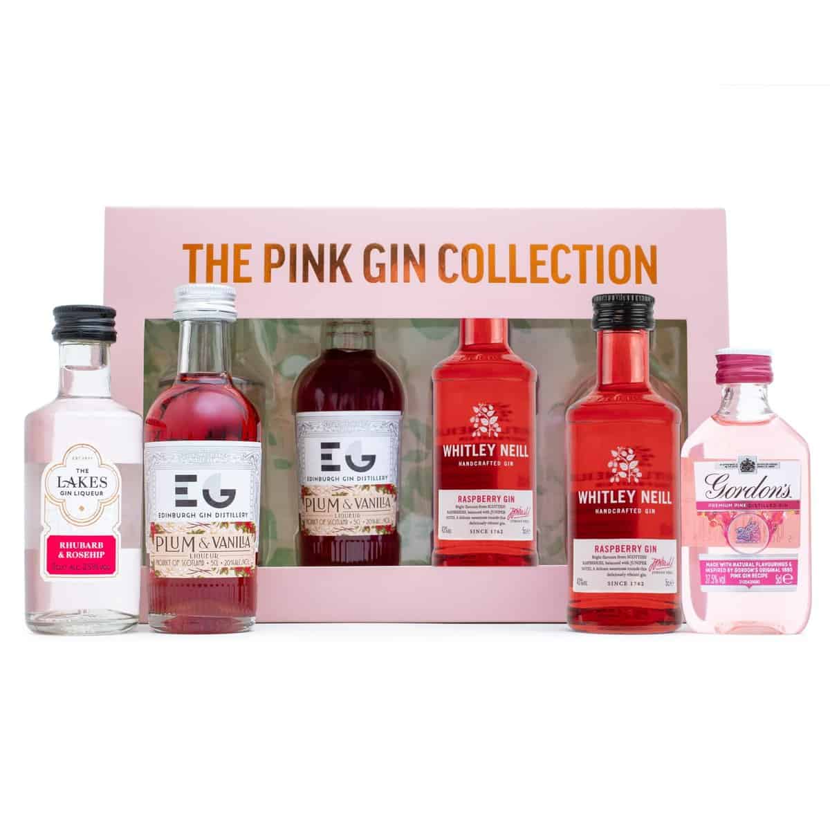 Pink Gin Gift Set - Christmas Gin Gifts for Women 4x5cl Flavoured Gin, Whitley Neill Raspberry, Gordon's Pink Gin, Edinburgh Plum & Vanilla and The Lakes Rhubarb & Rosehip Gin Liqueurs - Gift for Her