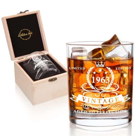 Celebrate a milestone birthday in style with the 1963 Whiskey Glass, beautifully presented in a wooden box.