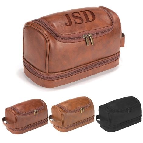 Unique, handcrafted PU leather toiletry bag for men – personalized with custom name. Perfect gift for him.