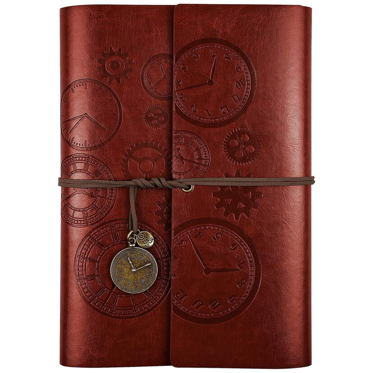 Leather Journal Notebook, Refillable Notebook with Lined Pages Vintage Writing Travelers Notebook Spiral Bound Journal, Gift for Men and Women Classic Embossed Retro Pendants 23x16.5cm（A5, Brown)