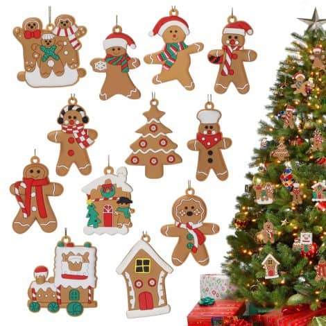 12 gingerbread man Christmas tree decorations, hanging ornaments with strings, perfect for DIY party decoration.