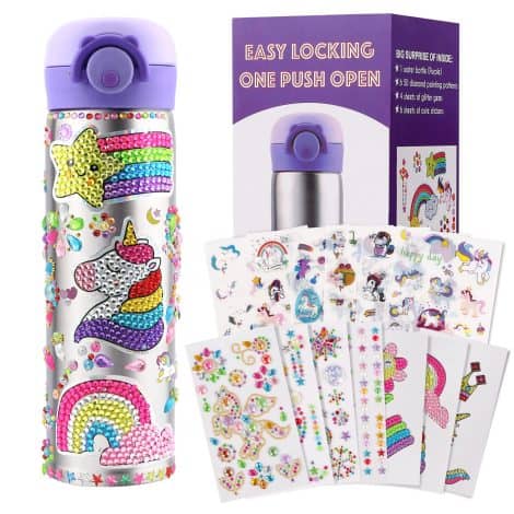 Personalized Girls’ Water Bottle Craft Kit with Gem & Unicorn Stickers, Perfect for Birthdays and Christmas. Suitable for ages 4-11.